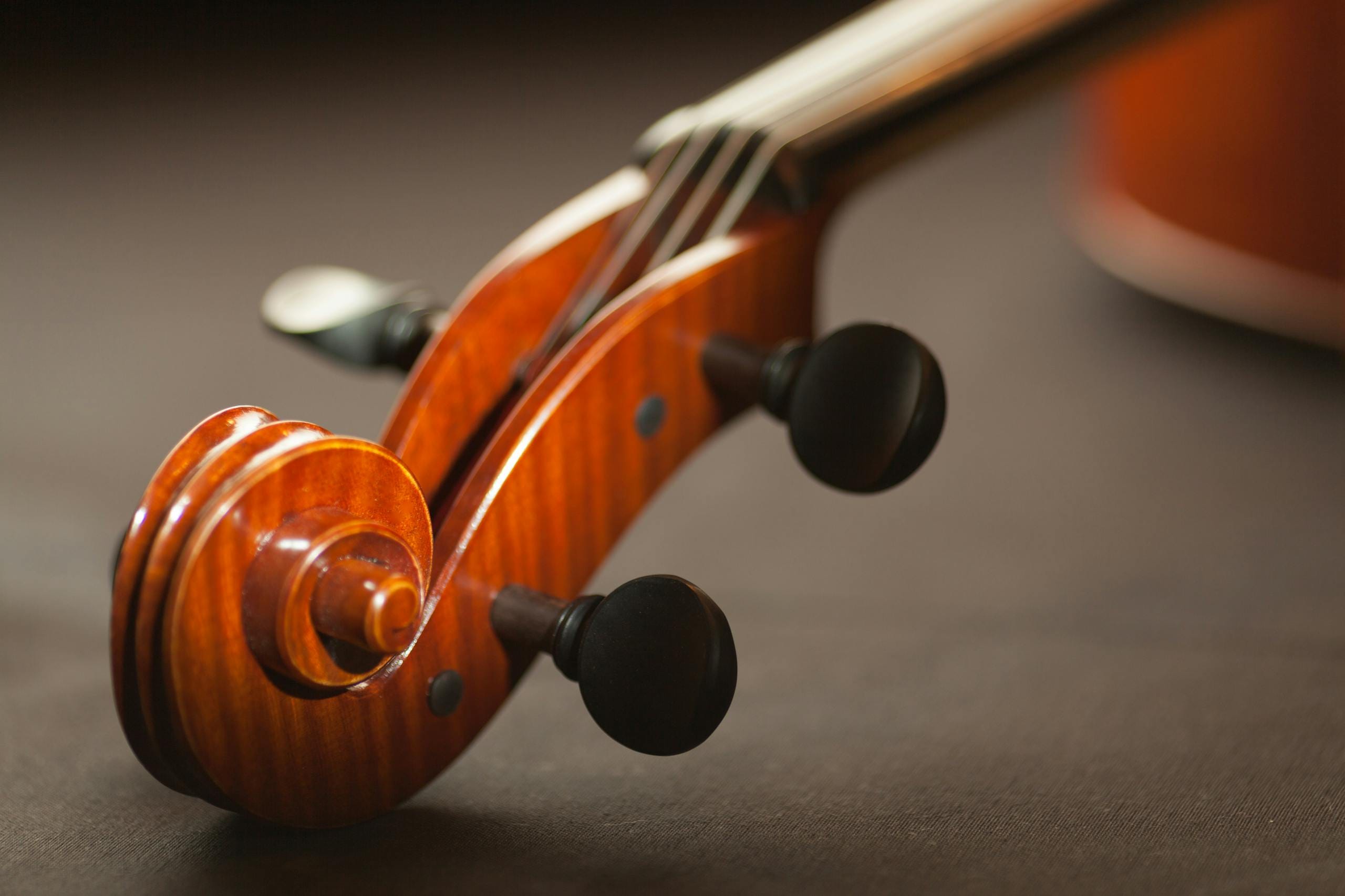 Detailed close-up view of a violin scroll with elegant wood finish, highlighting musical craftsmanship.
