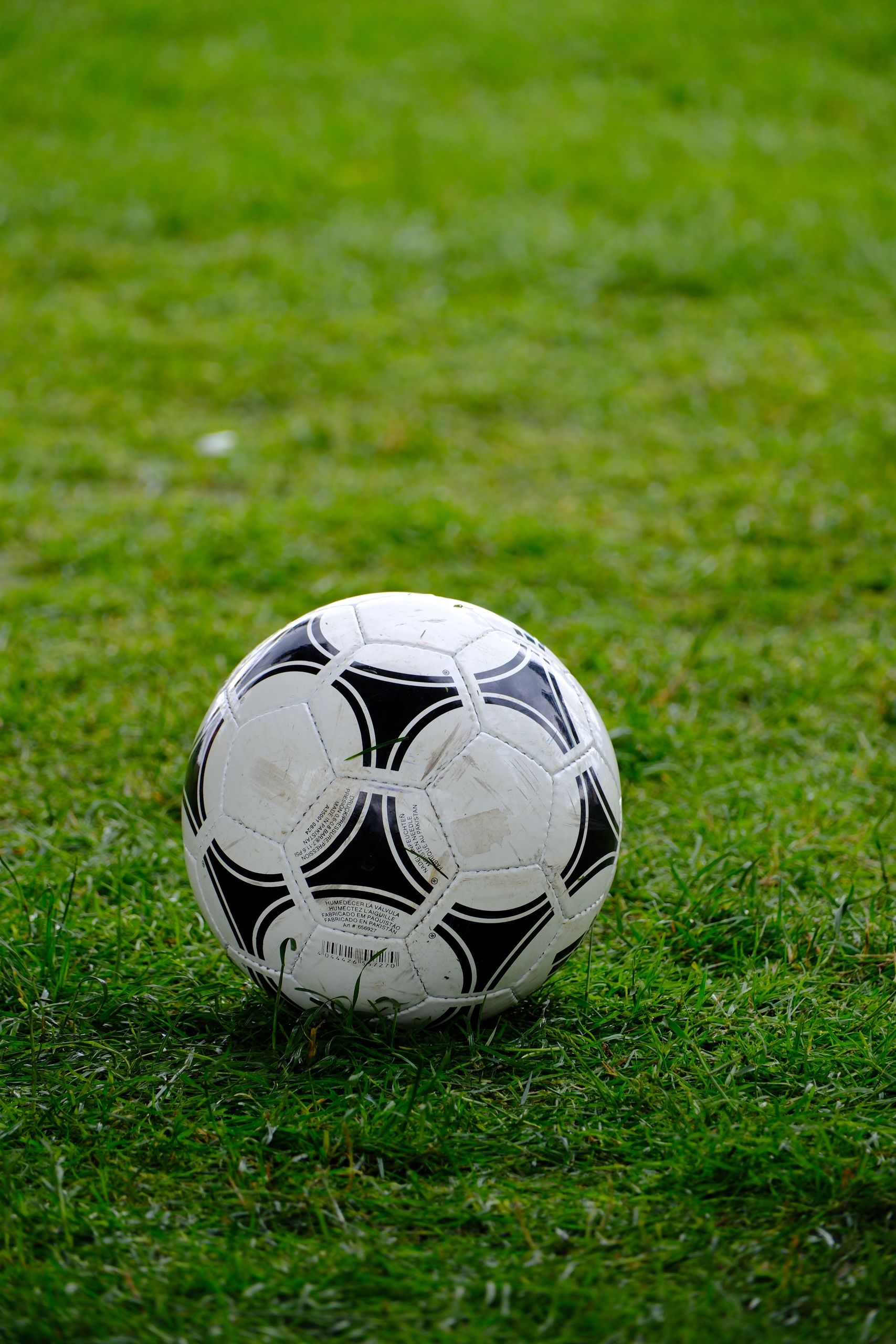 Close-up of a classic soccer ball resting on a lush green field.
