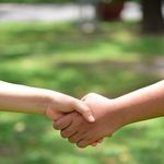 Two people shaking hands on a sunny day in a park, symbolizing cooperation or agreement.